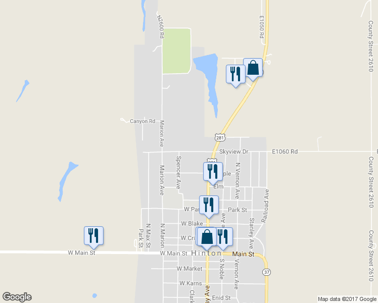 map of restaurants, bars, coffee shops, grocery stores, and more near 205 Skyview Drive in Hinton