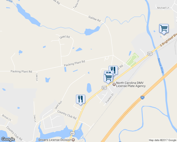 map of restaurants, bars, coffee shops, grocery stores, and more near 136 Quail Run in Smithfield