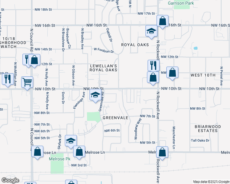 map of restaurants, bars, coffee shops, grocery stores, and more near 7400 Northwest 10th Street in Oklahoma City
