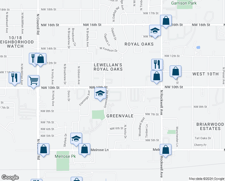 map of restaurants, bars, coffee shops, grocery stores, and more near 7402 Northwest 10th Street in Oklahoma City