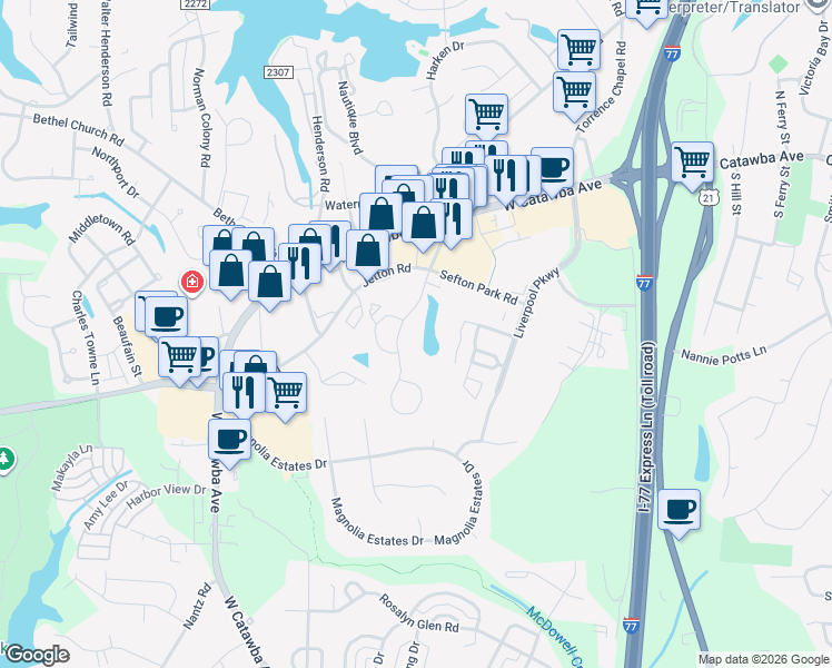 map of restaurants, bars, coffee shops, grocery stores, and more near in Cornelius