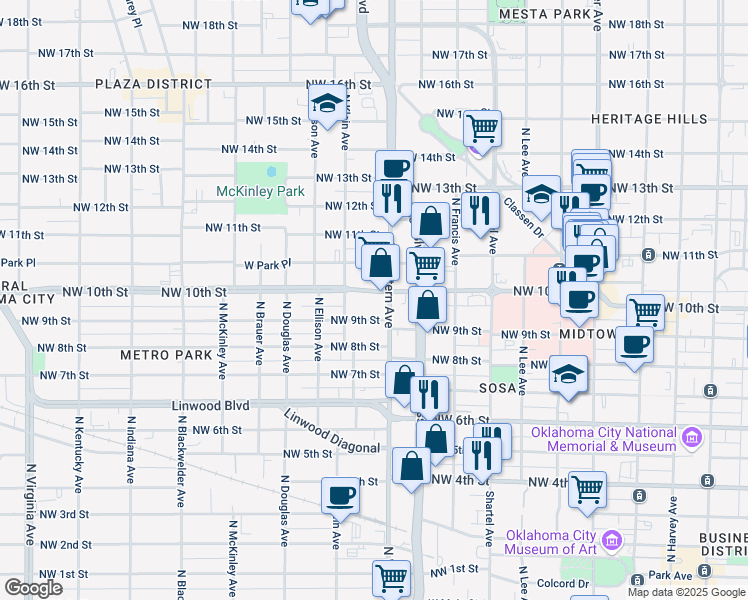 map of restaurants, bars, coffee shops, grocery stores, and more near 1011 North Western Avenue in Oklahoma City