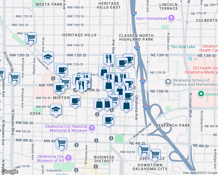 map of restaurants, bars, coffee shops, grocery stores, and more near 124 Northwest 10th Street in Oklahoma City