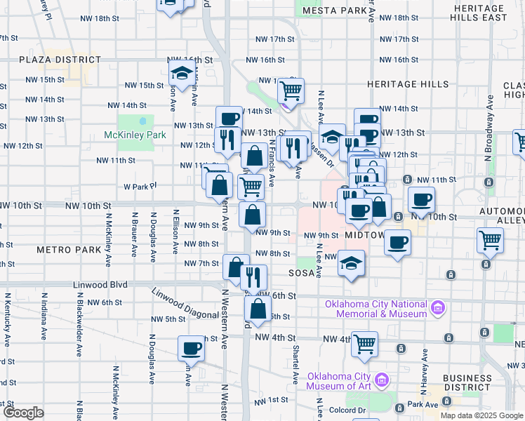 map of restaurants, bars, coffee shops, grocery stores, and more near 1020 North Classen Boulevard in Oklahoma City