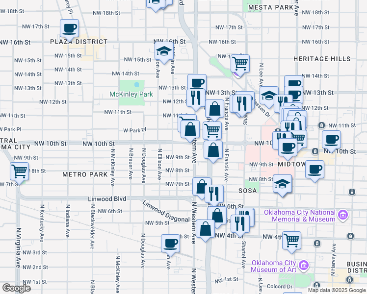 map of restaurants, bars, coffee shops, grocery stores, and more near 1129 Northwest 9th Street in Oklahoma City