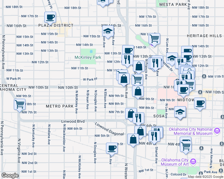 map of restaurants, bars, coffee shops, grocery stores, and more near 1129 Northwest 9th Street in Oklahoma City