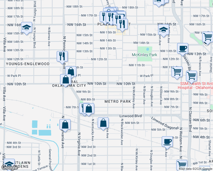 map of restaurants, bars, coffee shops, grocery stores, and more near 1819 Northwest 9th Street in Oklahoma City