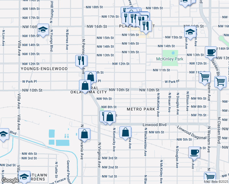 map of restaurants, bars, coffee shops, grocery stores, and more near 1010 North Kentucky Avenue in Oklahoma City