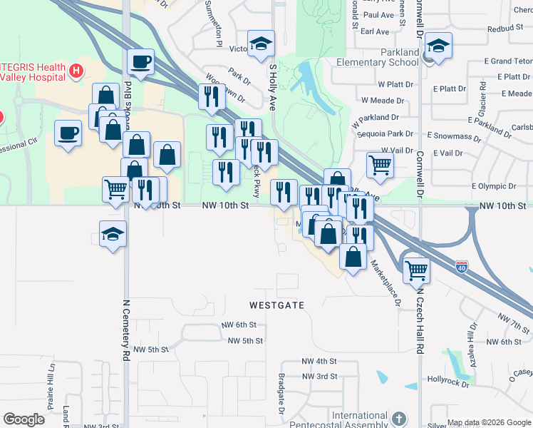 map of restaurants, bars, coffee shops, grocery stores, and more near 12600 Northwest 10th Street in Yukon