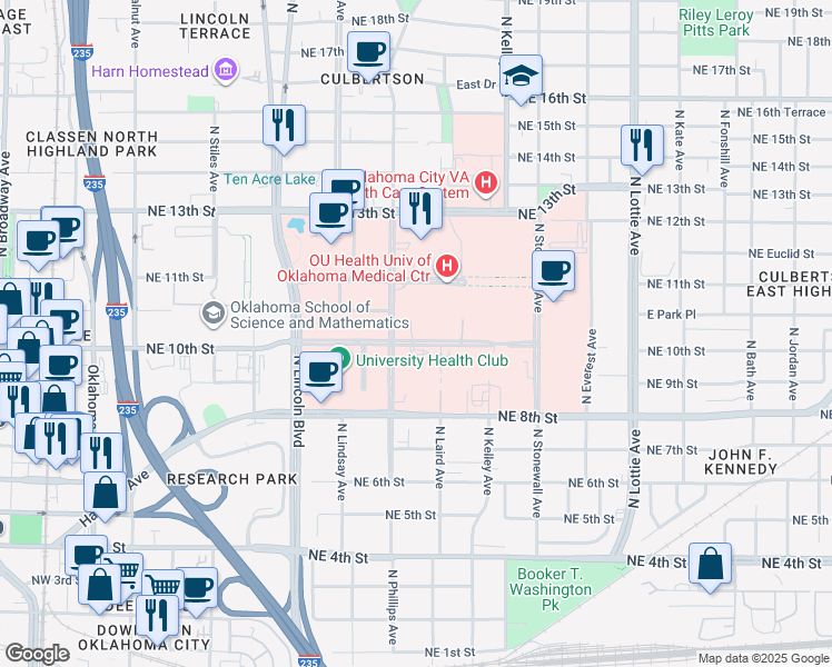 map of restaurants, bars, coffee shops, grocery stores, and more near 825 Northeast 10th Street in Oklahoma City