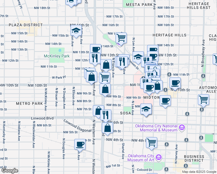map of restaurants, bars, coffee shops, grocery stores, and more near 910 Northwest 10th Street in Oklahoma City