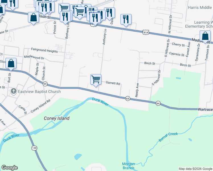 map of restaurants, bars, coffee shops, grocery stores, and more near 1411 Tennessee 64 in Shelbyville