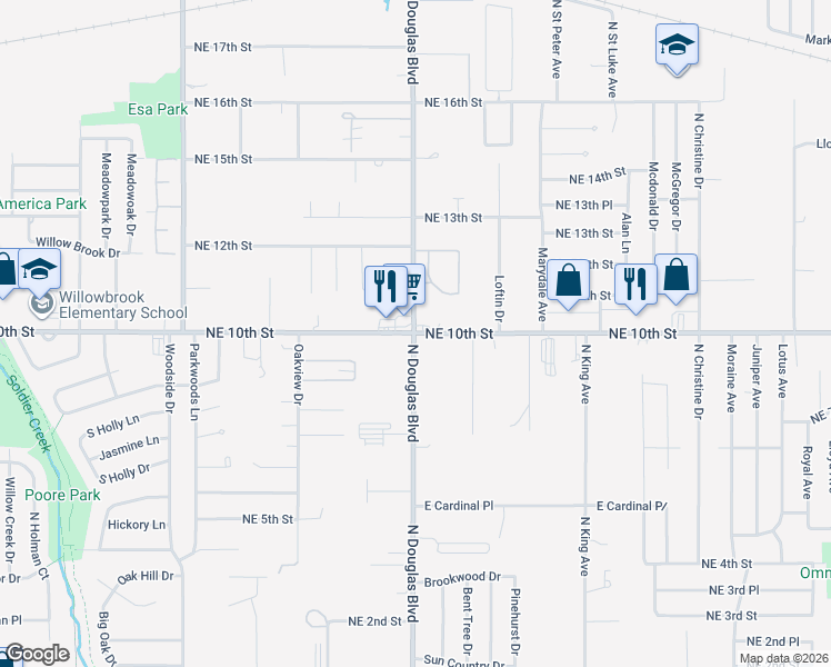 map of restaurants, bars, coffee shops, grocery stores, and more near NE 10th St & N Douglas Blvd in Midwest City