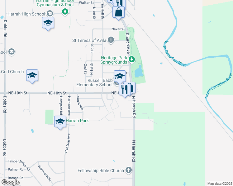 map of restaurants, bars, coffee shops, grocery stores, and more near 20901 Northeast 10th Street in Harrah