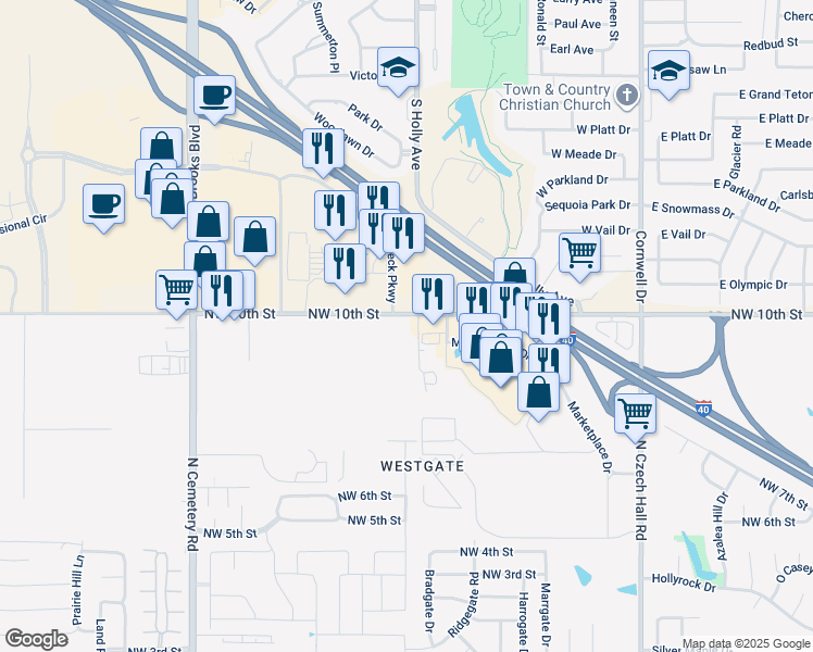 map of restaurants, bars, coffee shops, grocery stores, and more near 12512-12664 Northwest 10th Street in Yukon