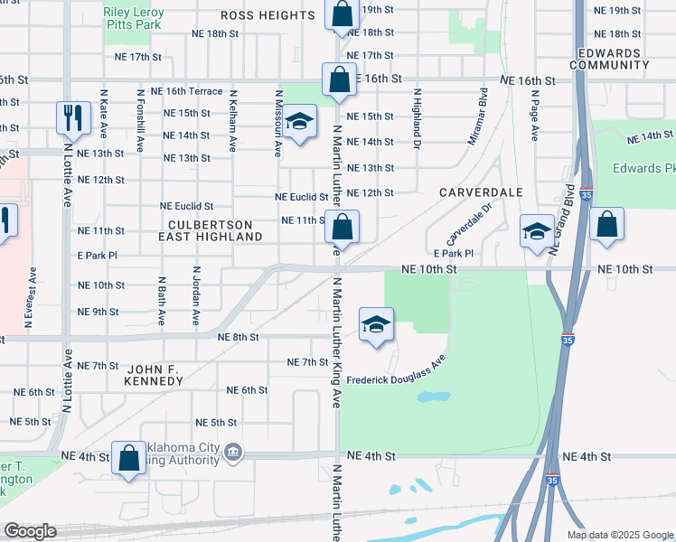 map of restaurants, bars, coffee shops, grocery stores, and more near 900 North Martin Luther King Avenue in Oklahoma City