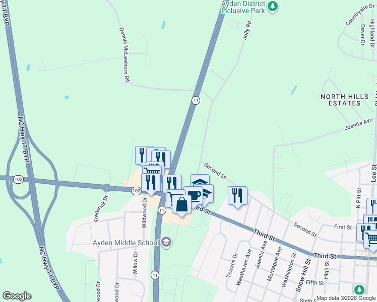 map of restaurants, bars, coffee shops, grocery stores, and more near 4206 Jolly Rd in Ayden