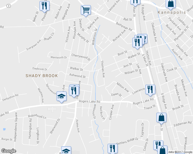 map of restaurants, bars, coffee shops, grocery stores, and more near Rosewood Avenue in Kannapolis