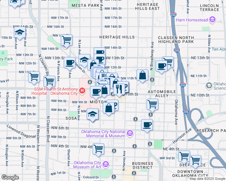 map of restaurants, bars, coffee shops, grocery stores, and more near 400 Northwest 10th Street in Oklahoma City