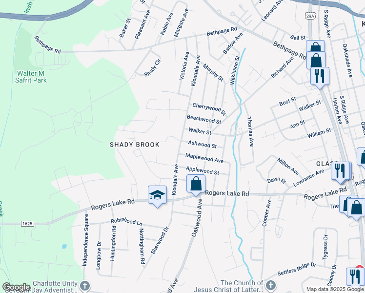 map of restaurants, bars, coffee shops, grocery stores, and more near 1109 Klondale Avenue in Kannapolis
