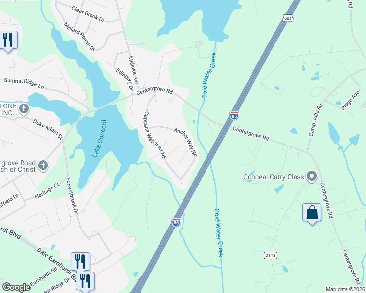 map of restaurants, bars, coffee shops, grocery stores, and more near 2622 Lookout Point Northeast in Kannapolis