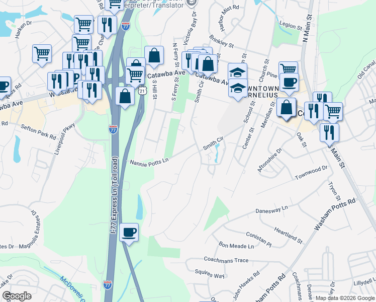 map of restaurants, bars, coffee shops, grocery stores, and more near 19800 Floral Lane in Cornelius