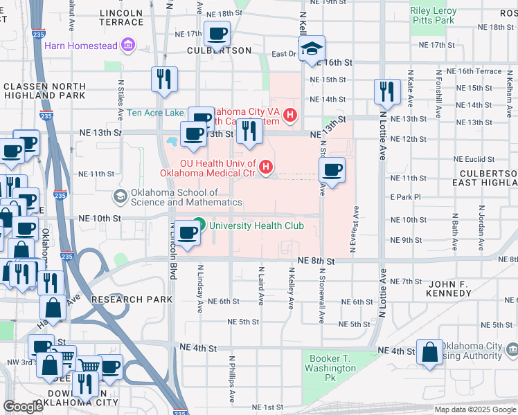 map of restaurants, bars, coffee shops, grocery stores, and more near 825 Northeast 10th Street in Oklahoma City