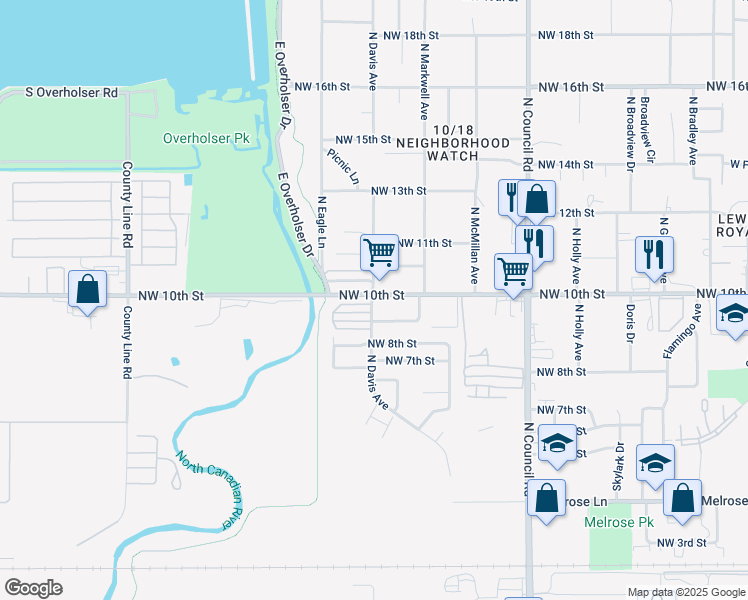 map of restaurants, bars, coffee shops, grocery stores, and more near 1010 North Davis Avenue in Oklahoma City