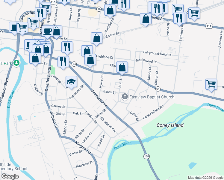 map of restaurants, bars, coffee shops, grocery stores, and more near 110 Bates Street in Shelbyville
