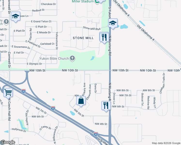 map of restaurants, bars, coffee shops, grocery stores, and more near 916 Ellsworth Avenue in Yukon