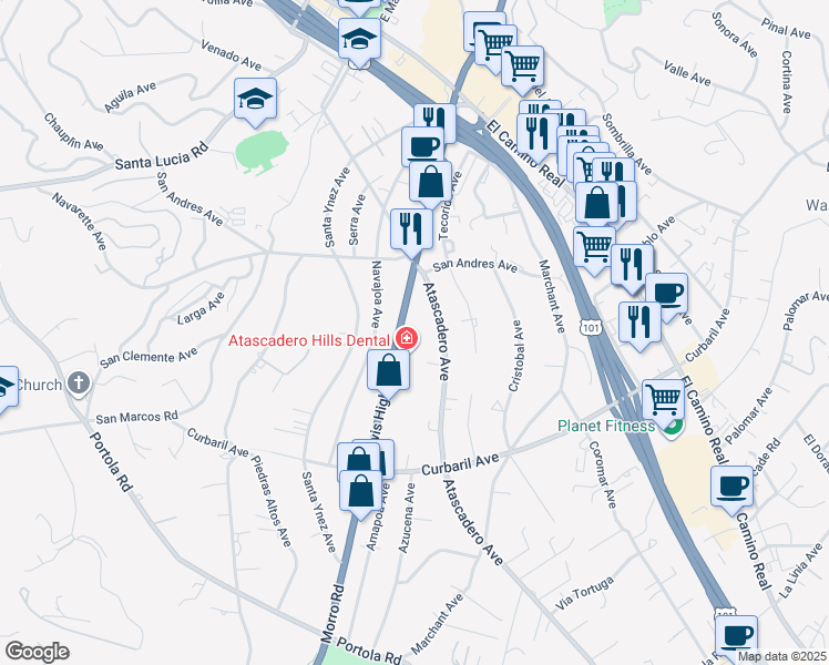 map of restaurants, bars, coffee shops, grocery stores, and more near 7305 Morro Road in Atascadero