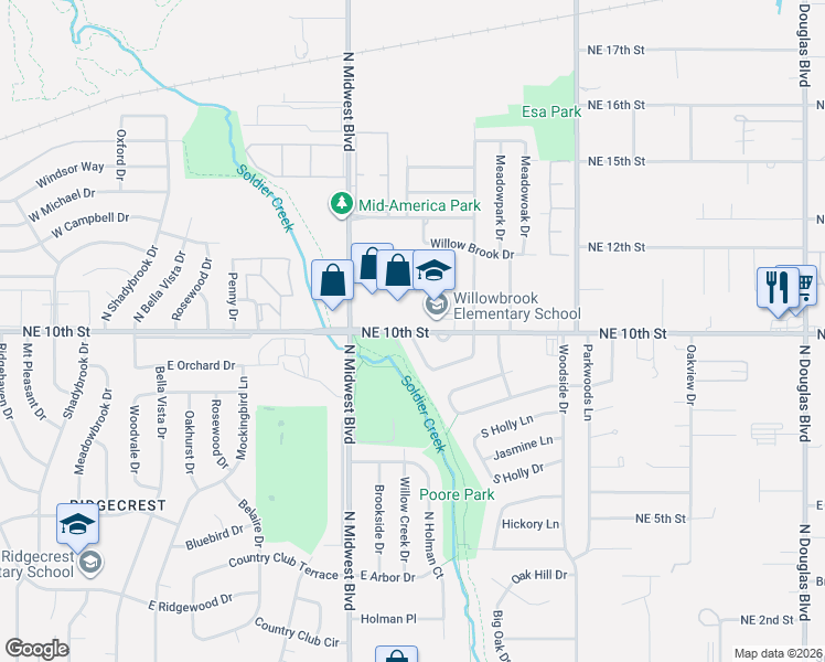 map of restaurants, bars, coffee shops, grocery stores, and more near 4013 Crabtree Cove in Midwest City