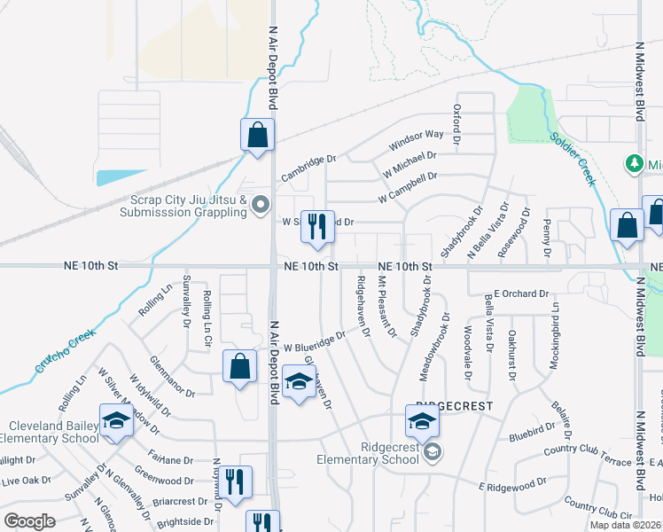 map of restaurants, bars, coffee shops, grocery stores, and more near 3801 North Oak Grove Drive in Midwest City