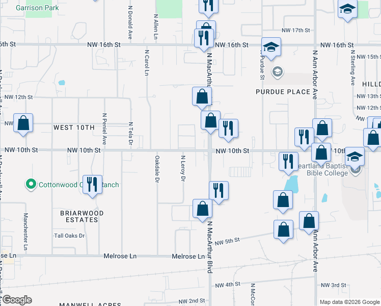 map of restaurants, bars, coffee shops, grocery stores, and more near 6001 Northwest Grand Boulevard in Oklahoma City