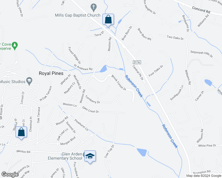 map of restaurants, bars, coffee shops, grocery stores, and more near 12 Canterbury Place in Arden