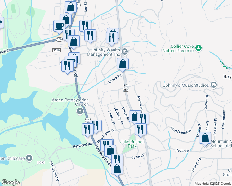 map of restaurants, bars, coffee shops, grocery stores, and more near 165 Birch Lane in Arden