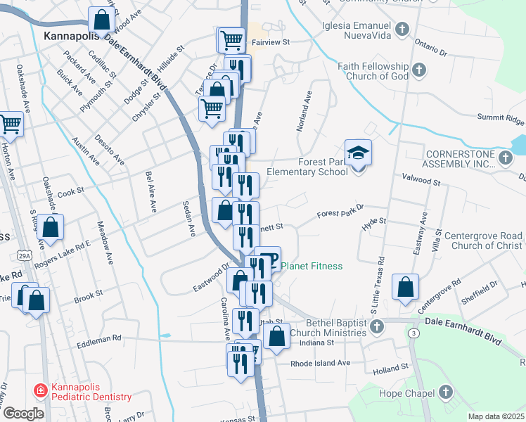 map of restaurants, bars, coffee shops, grocery stores, and more near 800 Sears Street in Kannapolis