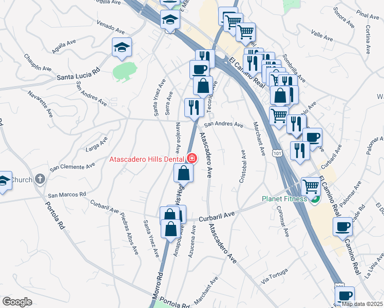 map of restaurants, bars, coffee shops, grocery stores, and more near 7305 Morro Road in Atascadero