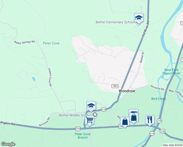 map of restaurants, bars, coffee shops, grocery stores, and more near 116 Dolata Ln in Waynesville