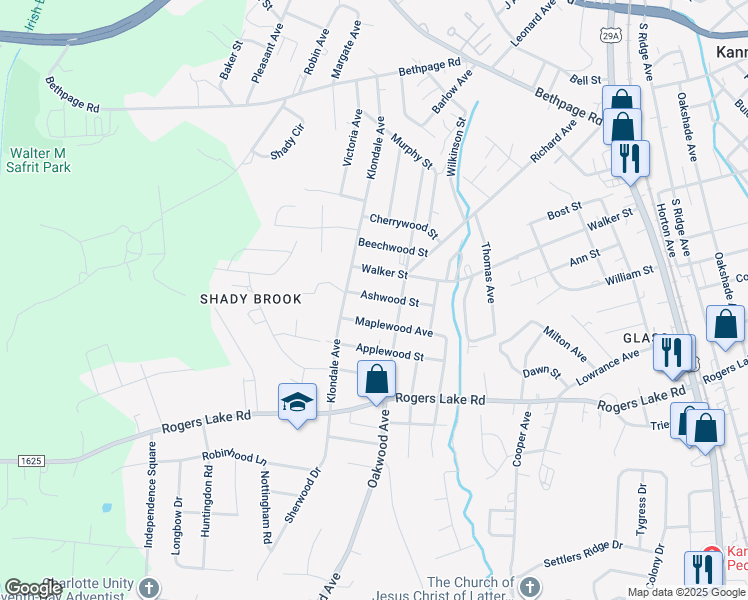 map of restaurants, bars, coffee shops, grocery stores, and more near 805 Ashwood Street in Kannapolis