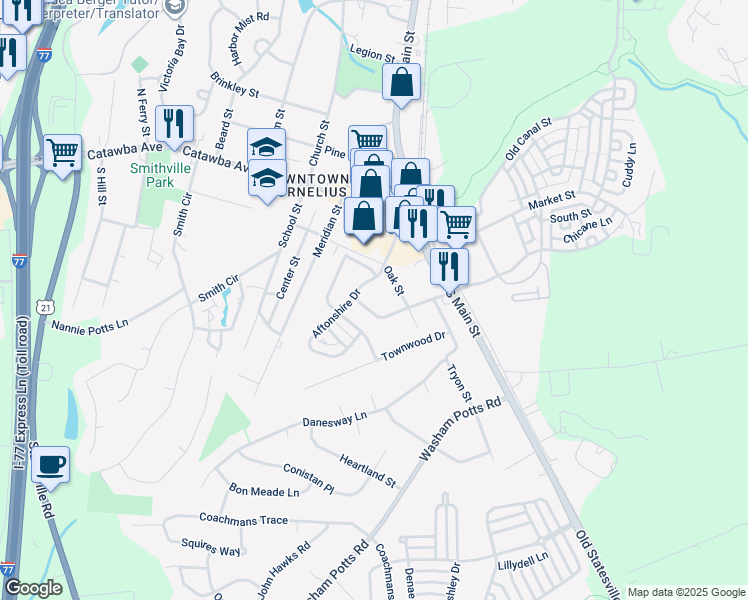 map of restaurants, bars, coffee shops, grocery stores, and more near 19612 Feriba Place in Cornelius