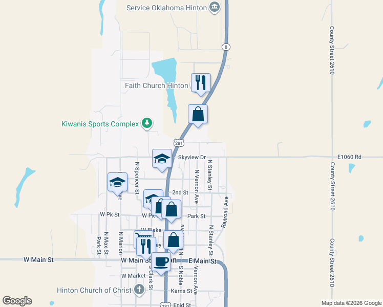 map of restaurants, bars, coffee shops, grocery stores, and more near 218 East Skyview Road in Hinton