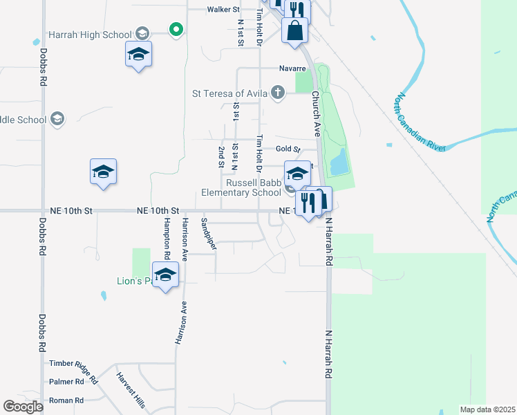 map of restaurants, bars, coffee shops, grocery stores, and more near 1115 Tim Holt Drive in Harrah