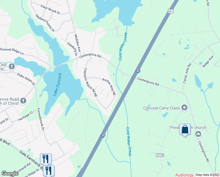 map of restaurants, bars, coffee shops, grocery stores, and more near 886 Anchor Way Northeast in Kannapolis