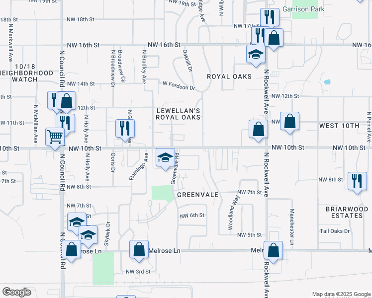 map of restaurants, bars, coffee shops, grocery stores, and more near 7420 Northwest 10th Street in Oklahoma City
