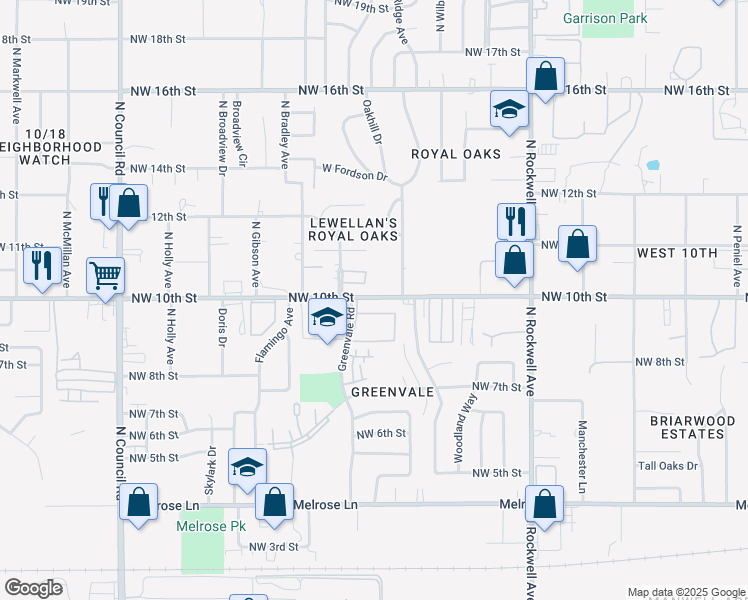 map of restaurants, bars, coffee shops, grocery stores, and more near 7420 Northwest 10th Street in Oklahoma City