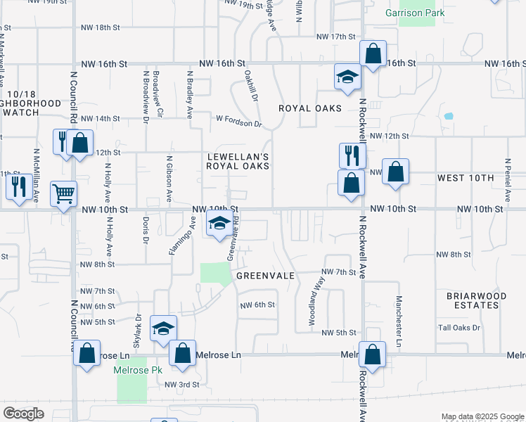 map of restaurants, bars, coffee shops, grocery stores, and more near 7404 Northwest 10th Street in Oklahoma City