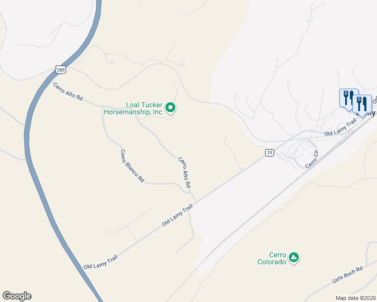 map of restaurants, bars, coffee shops, grocery stores, and more near 20 Cerro Alto Road in Lamy