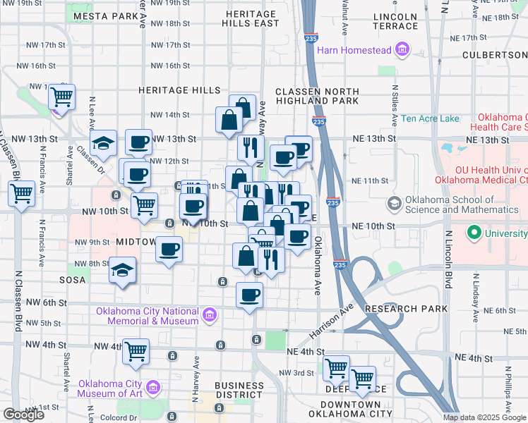 map of restaurants, bars, coffee shops, grocery stores, and more near 1132 North Broadway Drive in Oklahoma City