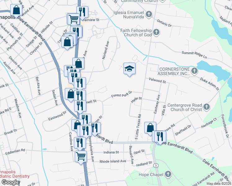 map of restaurants, bars, coffee shops, grocery stores, and more near 1247 Forest Park Drive in Kannapolis